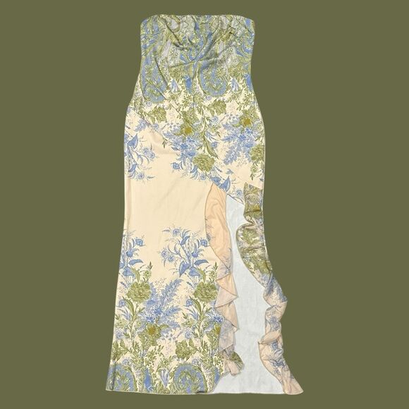 Y2K Strapless Floral Print Maxi Dress Ruffle Slit Cottagecore Boho Festival Sz L - Picture 4 of 16